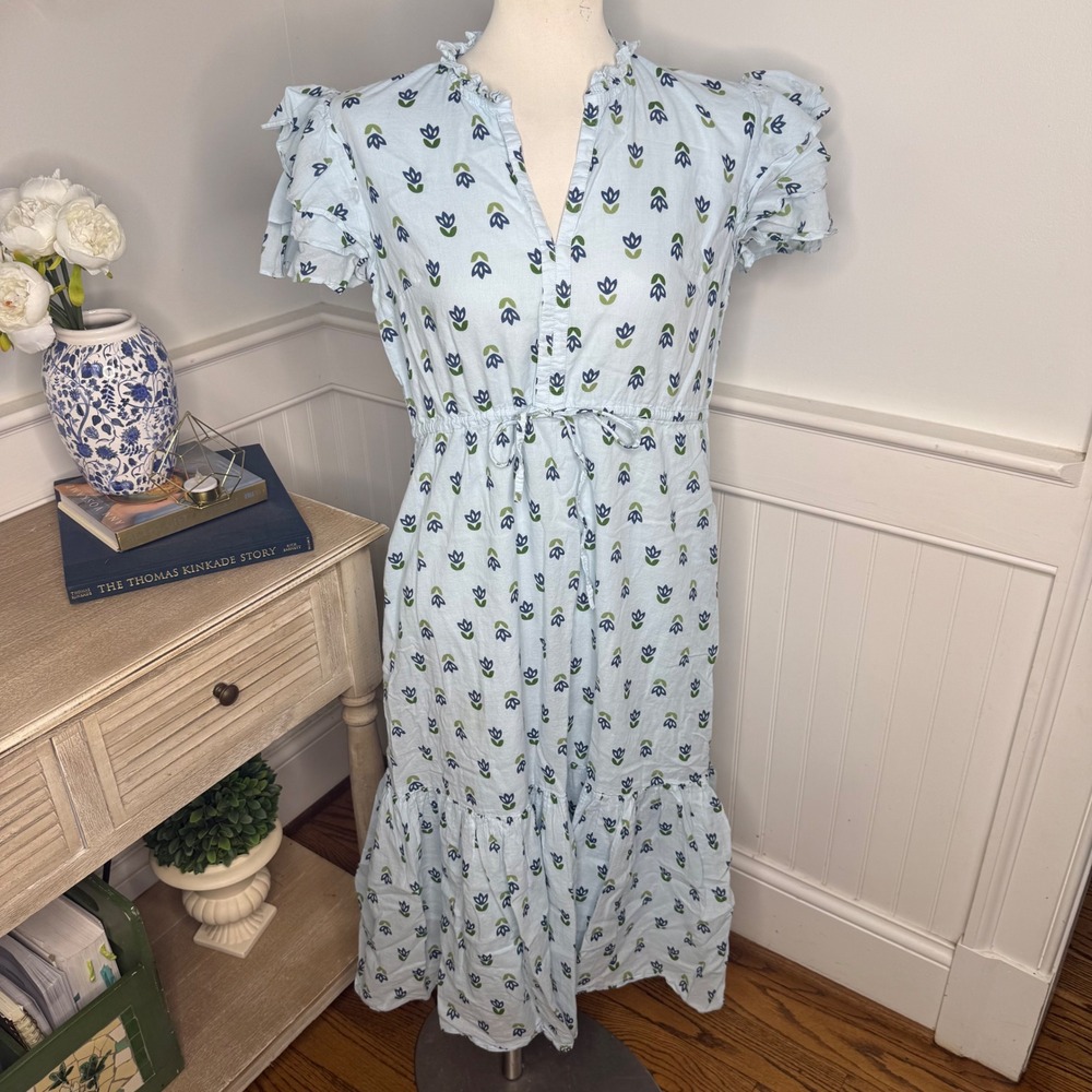 Olivia James The Label Blue Floral Cotton Block Print Ruffle Midi Dress Mens M